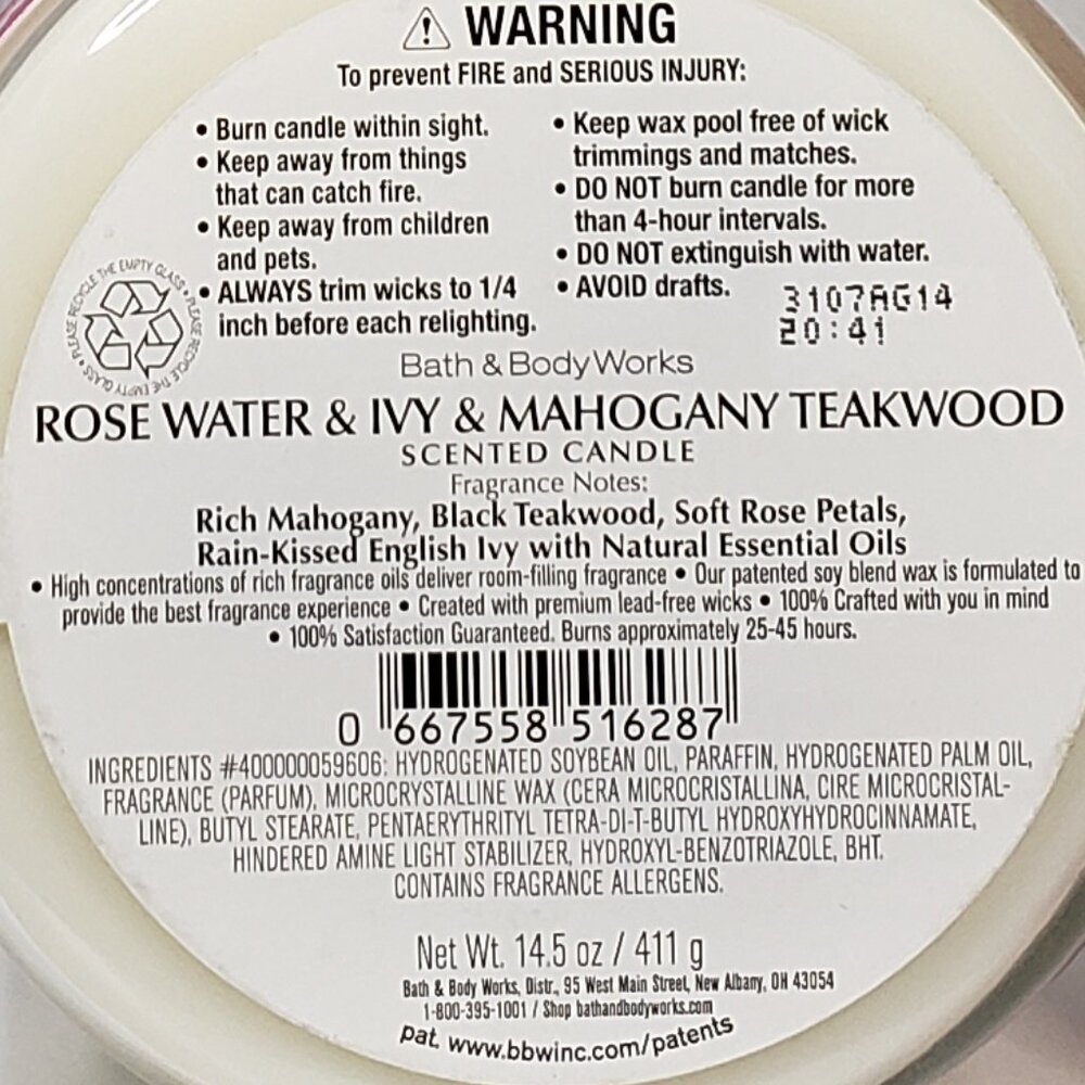 ROSE WATER IVY & MAHOGANY TEAKWOOD 3 Wick Candle & Wallflower Set - Picture 2 of 4